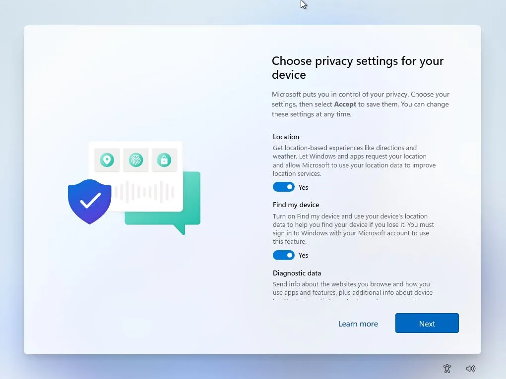 کنترل تنظیمات Privacy در مراحل نصب ویندوز ۱۱ تنظیمات حریم خصوصی در نصب ویندوز ۱۱