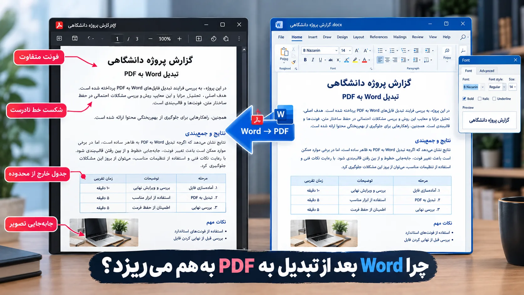 نمونه به هم ریختن قالب فایل Word بعد از تبدیل به PDF